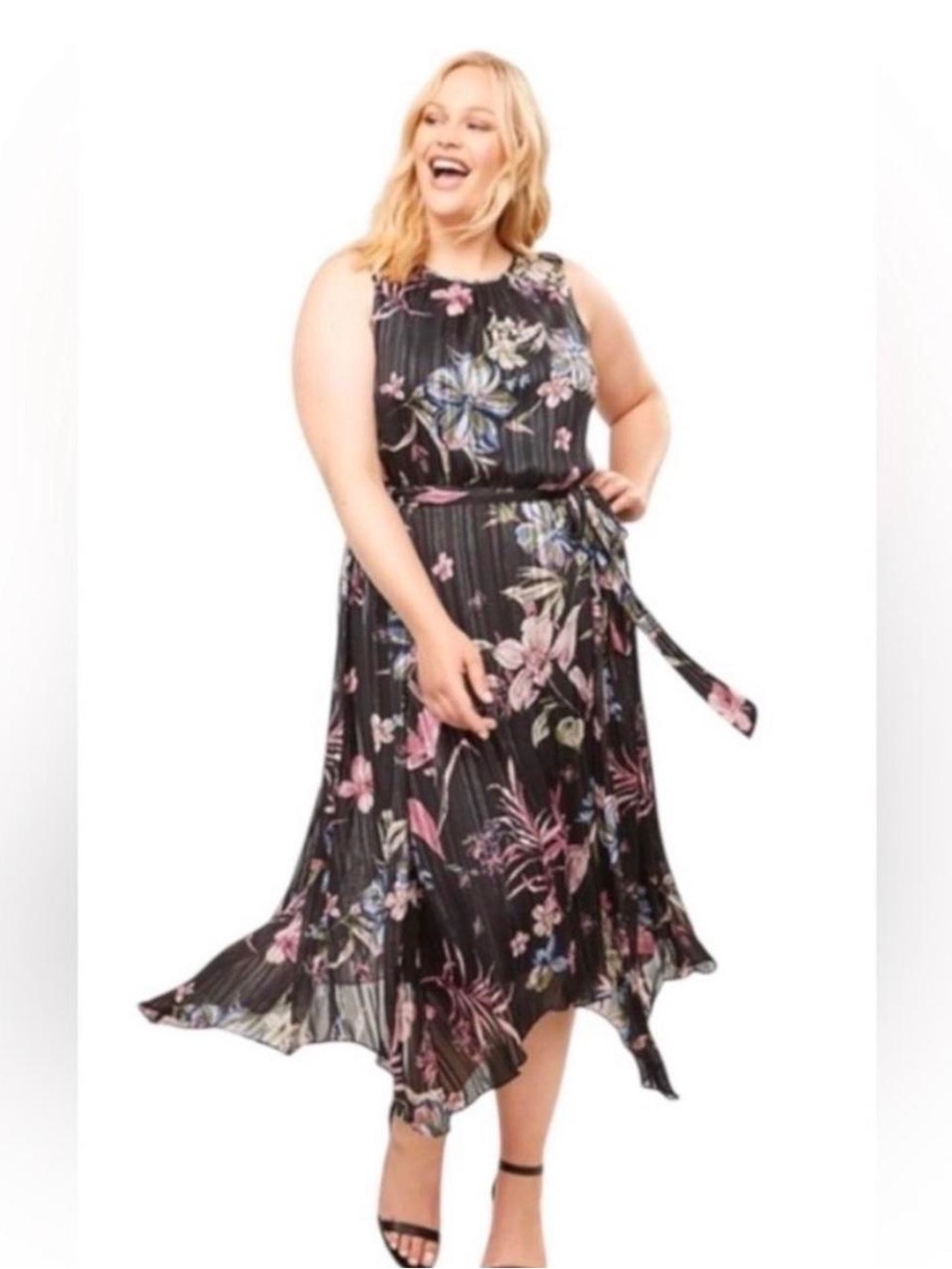 LANE BRYANT Floral Pleated Midi Dress - Black with Pink & Blue Floral